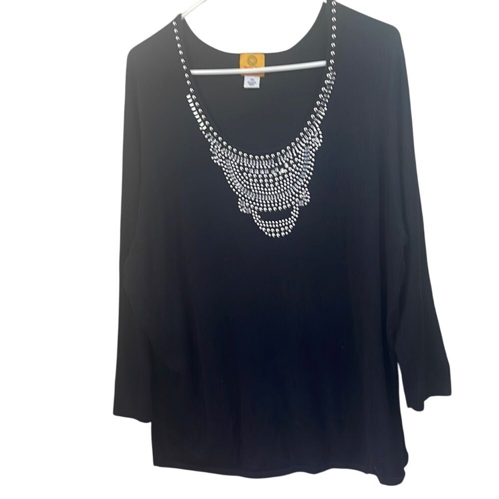 Ruby‎ Rd Embellished Top 2X Womens Black Silver Rhinestone Knit Blouse
